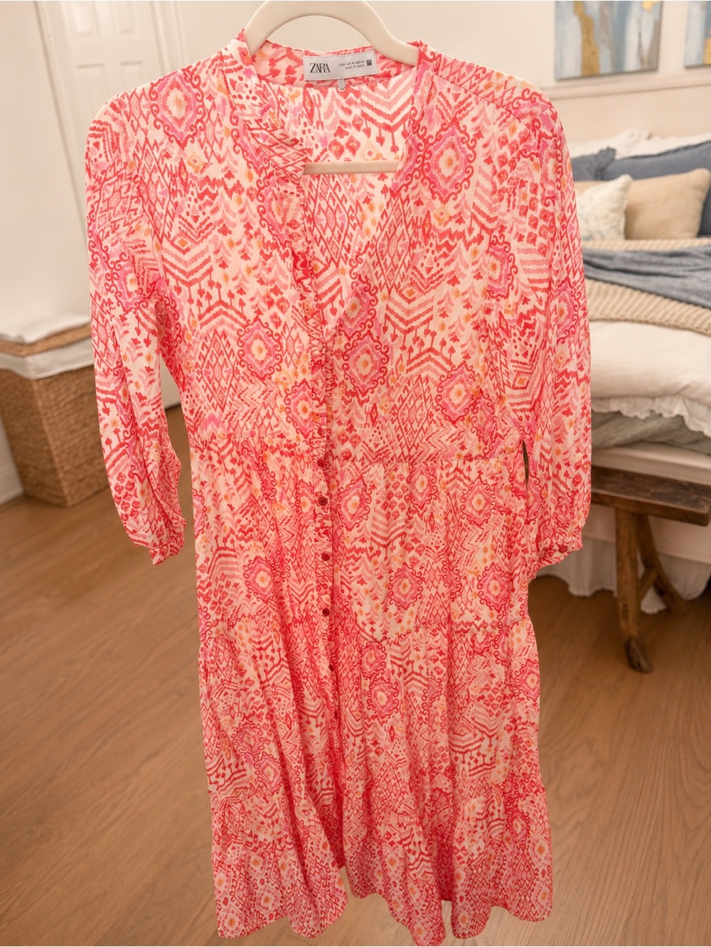 Zara Coral Pink Printed Tiered Midi Dress